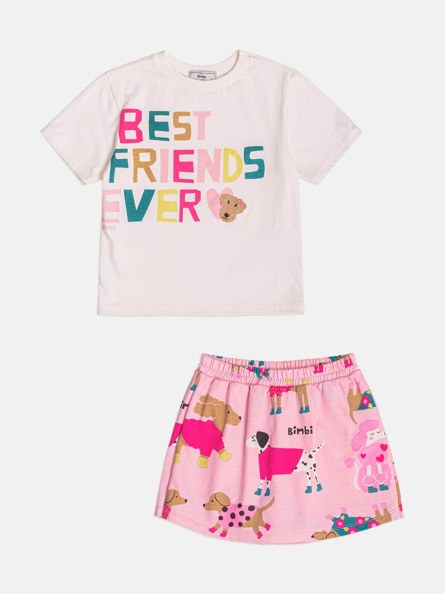 Conjunto Infantil Bimbi Inverno com Short-Saia Rosa e Blusa Branca Best Friends