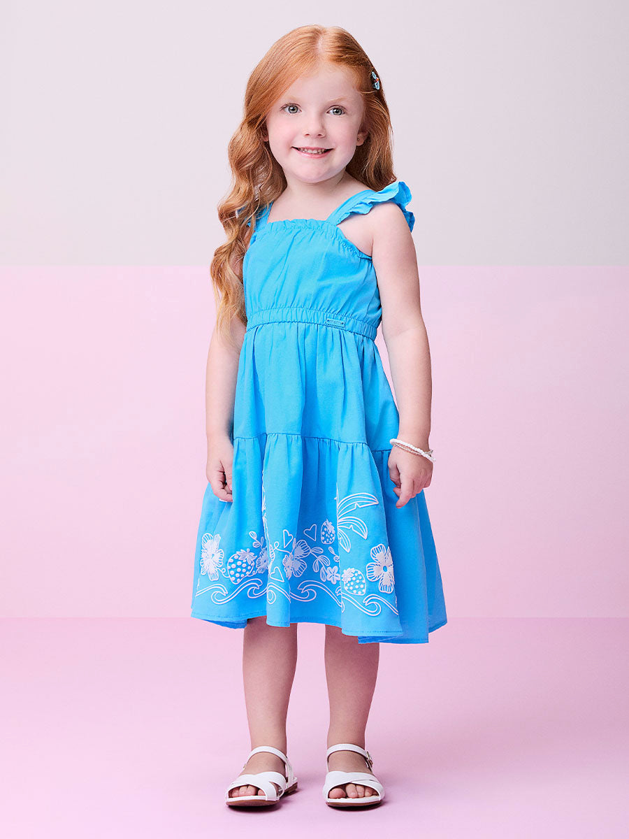 Vestido Infantil Momi Verão Azul Coqueiros Alto Relevo
