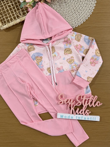 Conjunto Infantil Kukiê Inverno com Calça Legging e Casaco Rosa Ursinhas