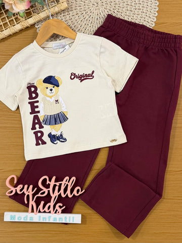 Conjunto Infantil Momi Inverno com Calça Vinho e Blusa Manga Curta Bear