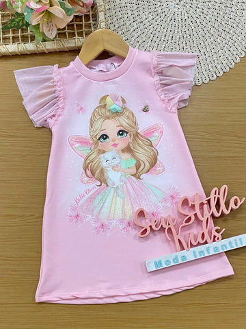 Vestido Infantil Kukiê Rosa Fadinha com Tule