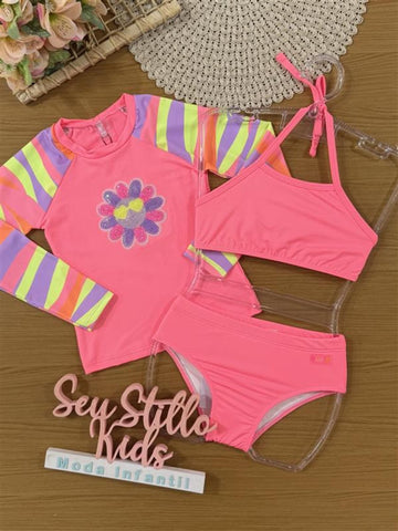 Biquíni Infantil Kukiê Verão com Blusa Manga Longa Rosa Florzinha