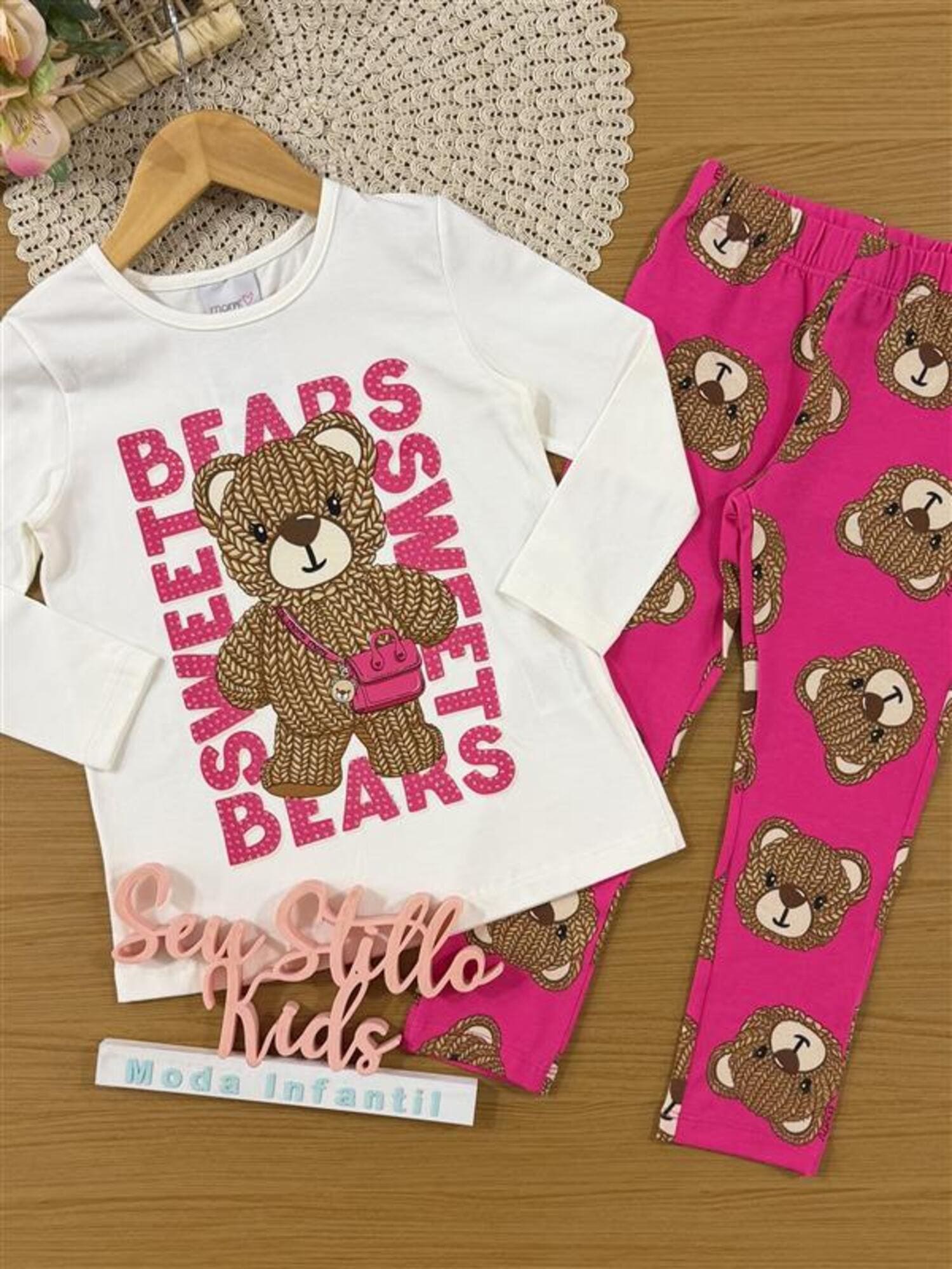 Conjunto Infantil Momi Inverno com Calça Legging Rosa e Blusa Manga Longa Ursinha Sweet