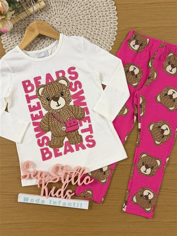 Conjunto Infantil Momi Inverno com Calça Legging Rosa e Blusa Manga Longa Ursinha Sweet