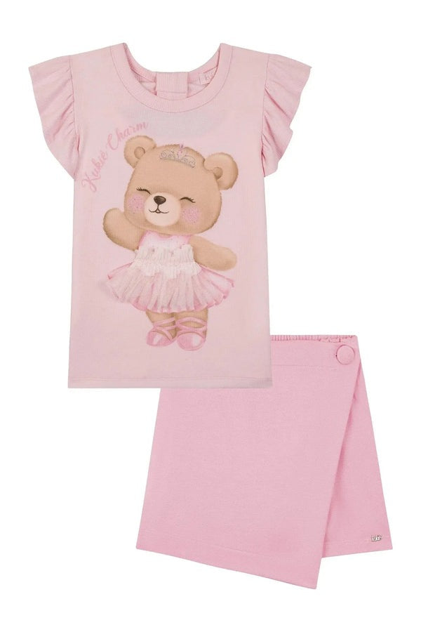 Conjunto Infantil Kukiê Verão com Shorts Saia e Blusa Rosa Ursinha Bailarina