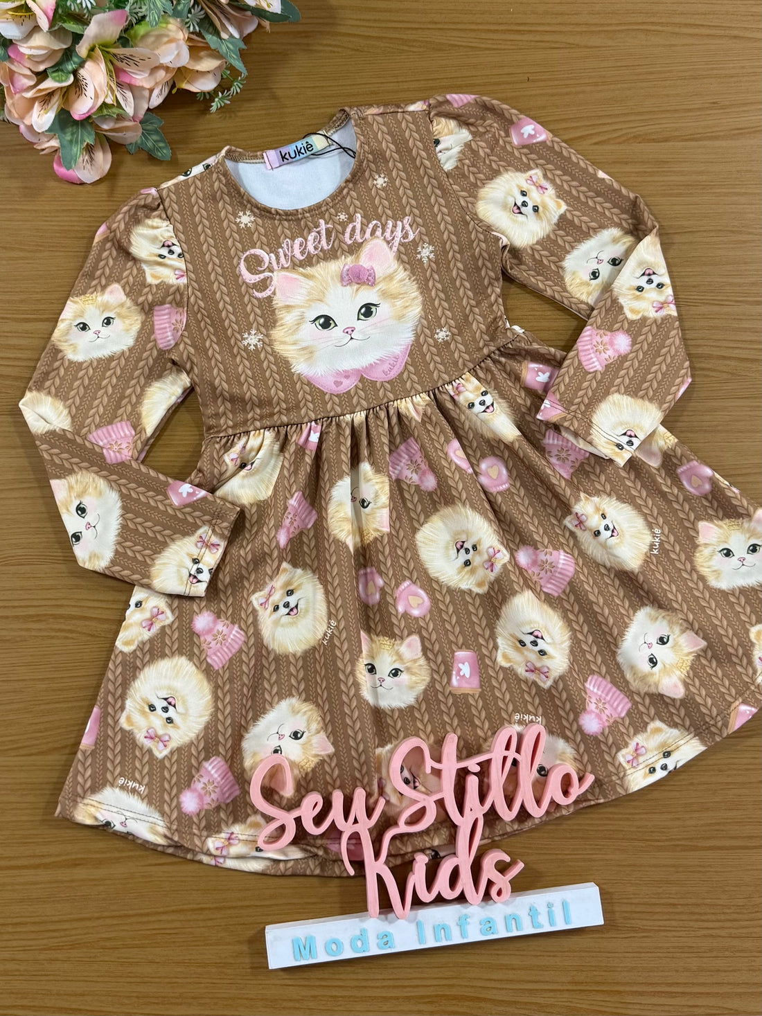 Vestido Infantil Kukie Inverno Caramelo Gatinha