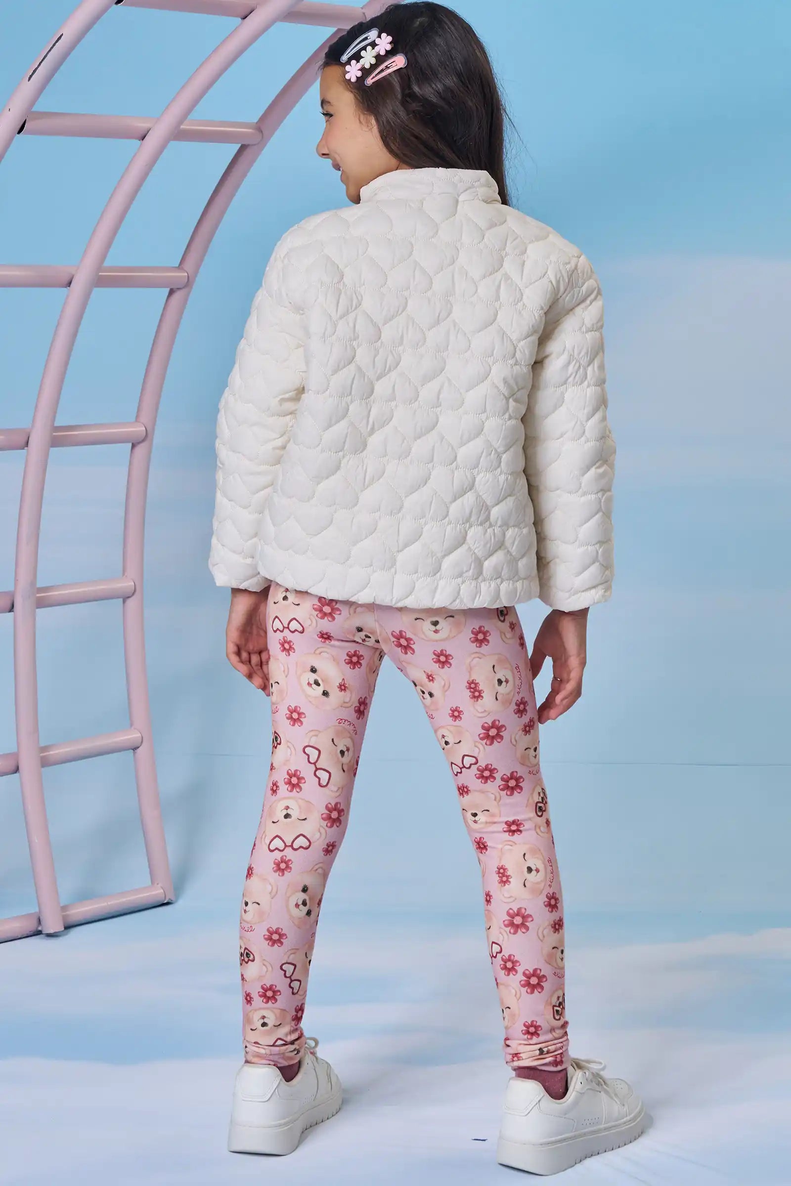 Calça Legging Infantil Kukiê Inverno Rosa Ursinha e Flores