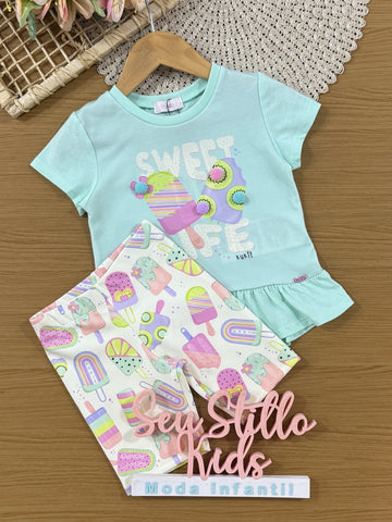 Conjunto Infantil Kukiê Verão com Shorts Ciclista Off White e Blusa Verde Sorvetinho