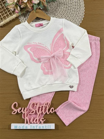 Conjunto Infantil Momi Inverno com Calça Rosa e Casaco Branco Borboleta com Strass