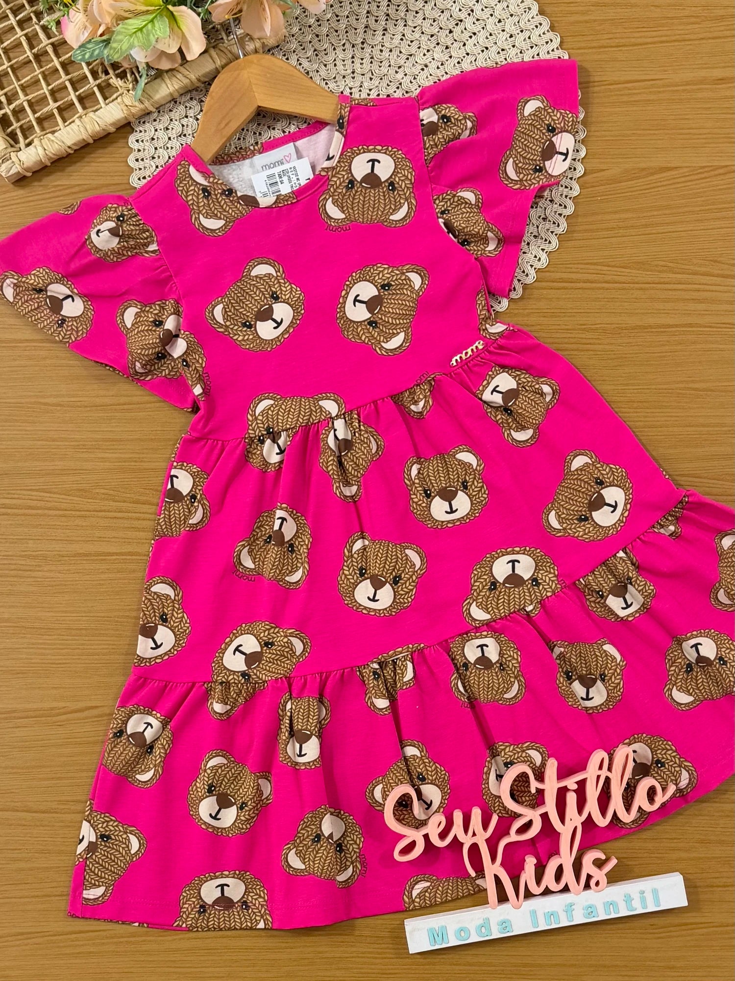 Vestido Infantil Momi Inverno Rosa Escuro Ursinhos Tricote