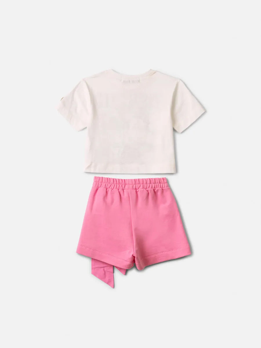 Conjunto Infantil Menina Animê com Shorts Rosa Laço e Blusa Branca Minnie Strass Disney