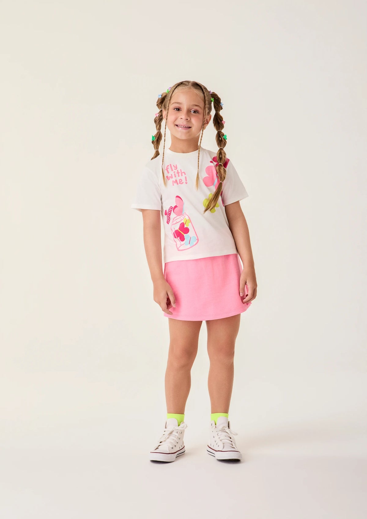 Conjunto Infantil Menina Bimbi com Shorts Saia Rosa e Blusa Borboletinhas