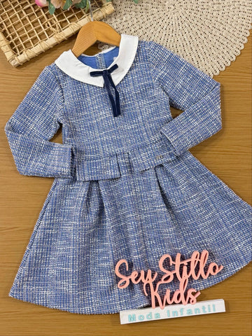 Vestido Infantil Momi Inverno Azul Tweed com Gola