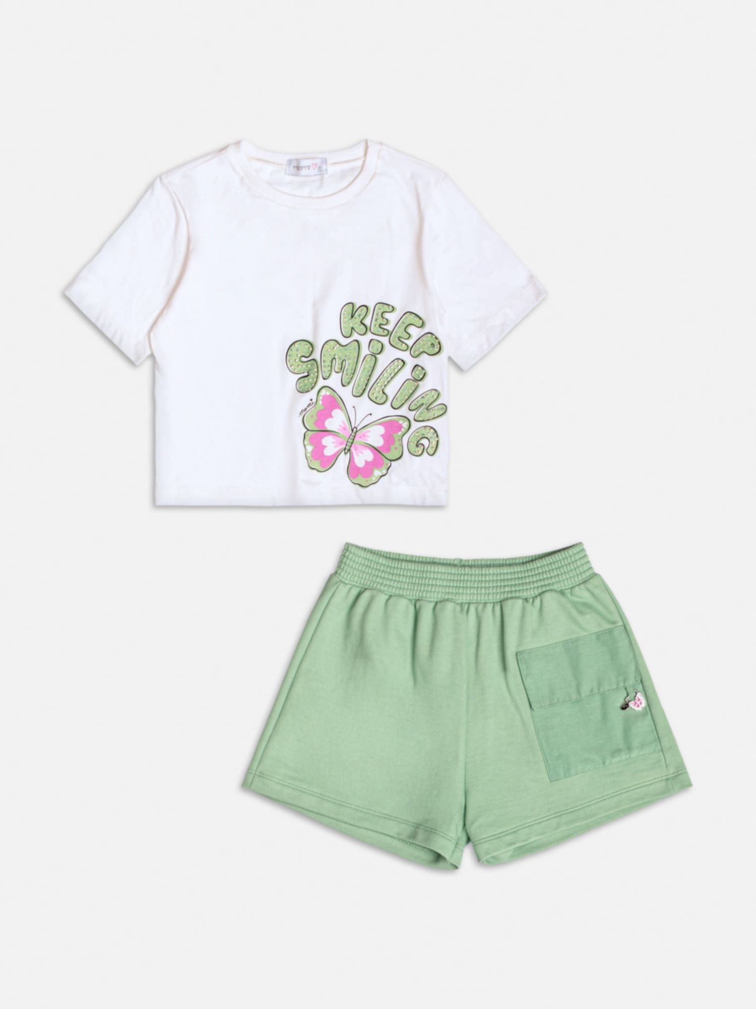 Conjunto Infantil Momi com Shorts e Blusa Branca Borboleta com Strass