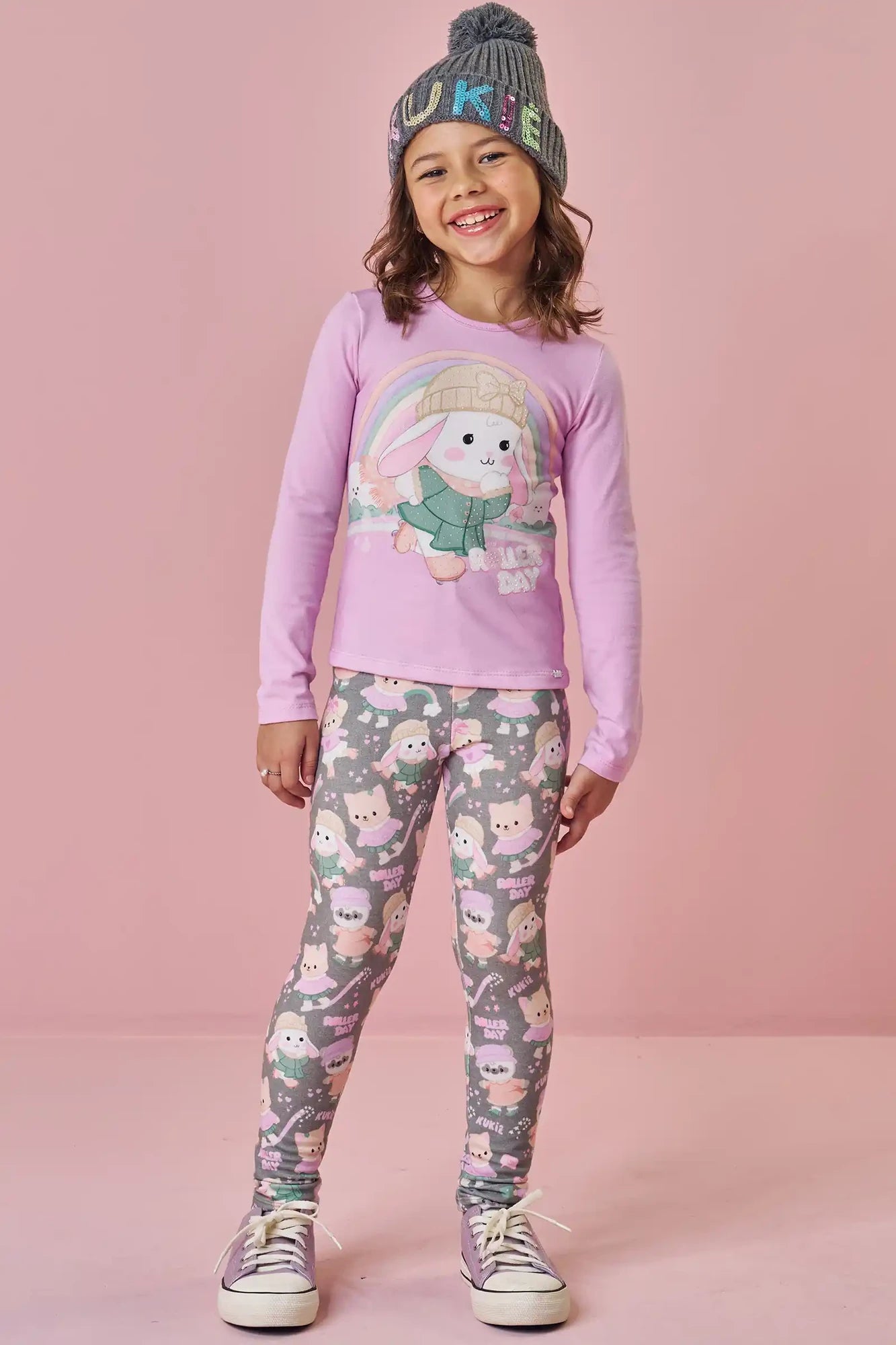 Calça Legging Infantil Kukiê Inveno Cinza Bichinhos