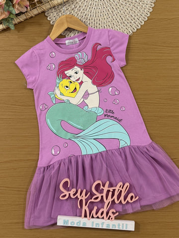 Vestido Infantil Momi Verão com Tule Lilás Pequena Sereia Disney
