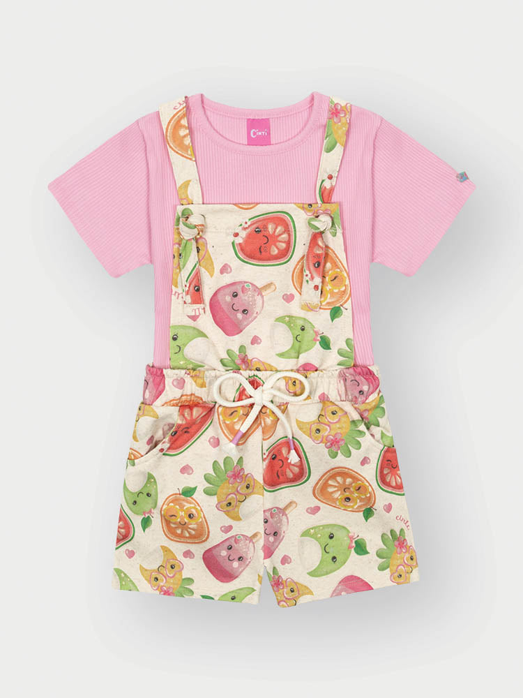 Jardineira Infantil Cinti Verão Frutinhas com Blusa Rosa