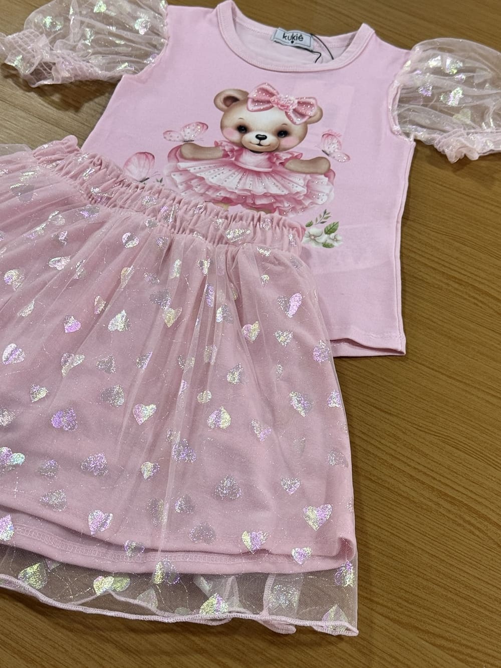 Conjunto Infantil Kukie Saia Tule e Blusa Rosa Ursinha Fofa