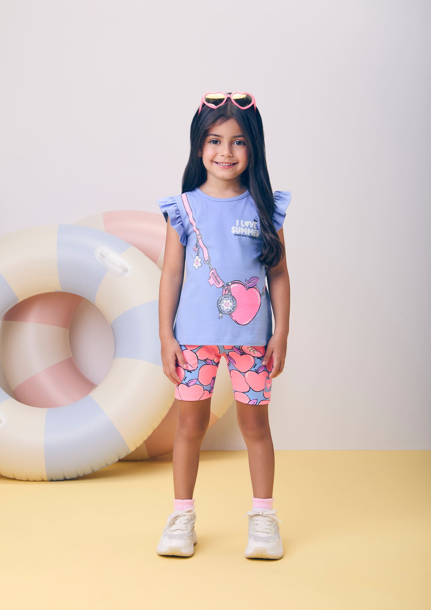 Conjunto Infantil Momi Verão com Shorts Ciclista e Blusa Azul Love Summer