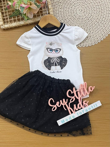 Conjunto Infantil Menina Kukiê com Saia em Tule Preta Estrelinha e Blusa Gatinha Strass