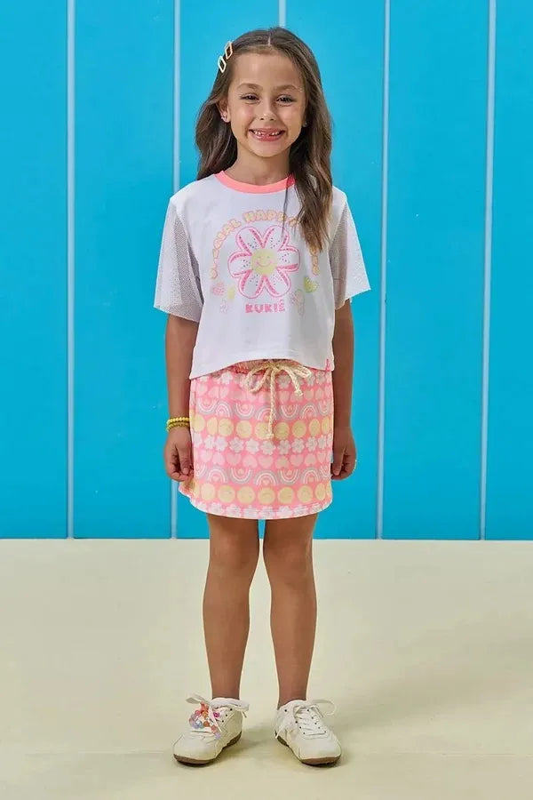 Conjunto Infantil Menina Kukiê com Shorts Saia e Blusa Branca Florzinha Emoji