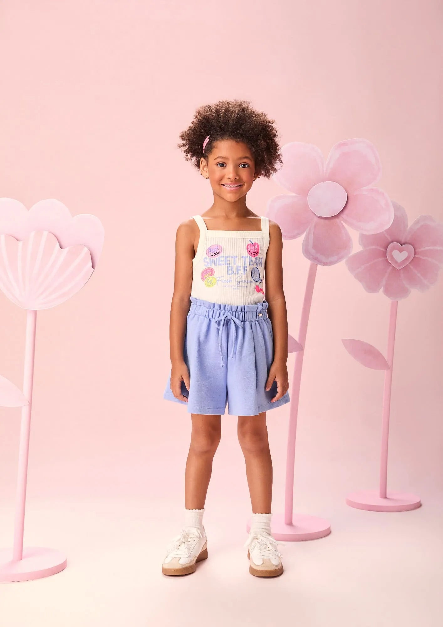 Conjunto Infantil Menina Momi com Shorts Azul e Blusa Branca Sweet Team