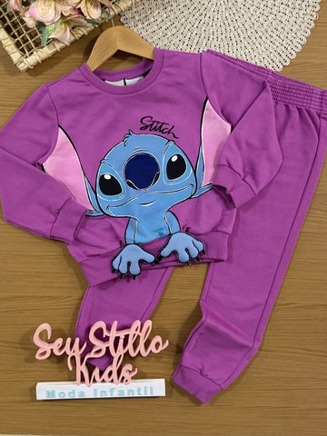 Conjunto Infantil Momi Inverno com Calça e Moletom sem Flanela Roxo Stitch Disney