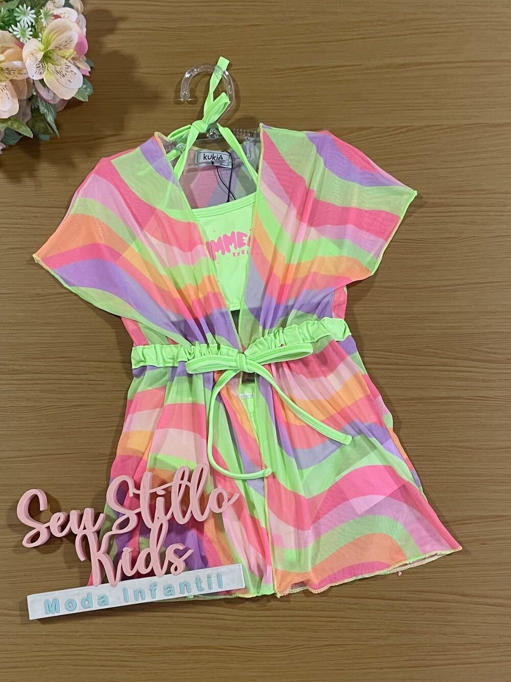 Biquíni Infantil Kukiê Verão Verde com Saída de Praia Colorida