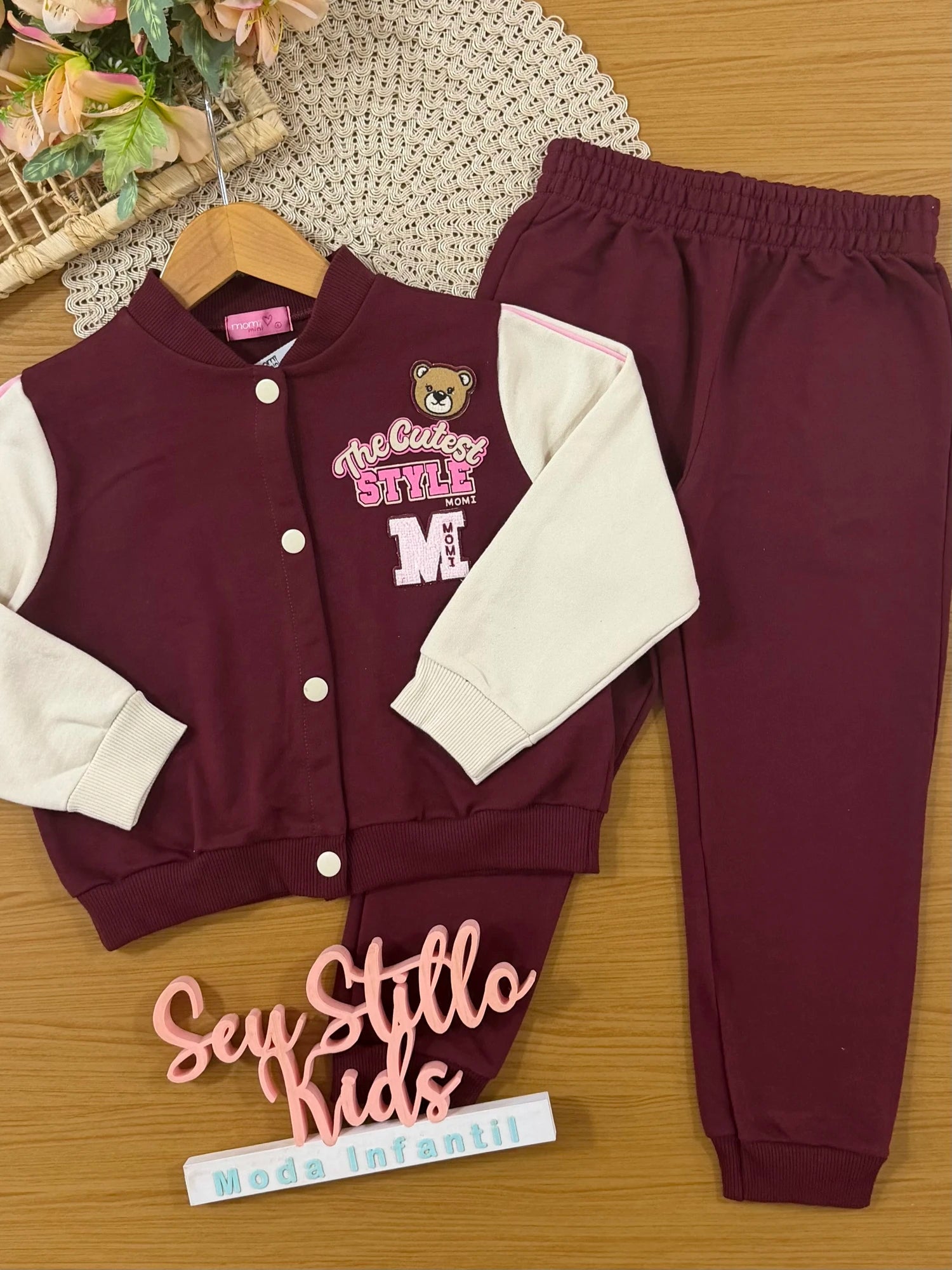 Conjunto Infantil Momi Inverno com Calça e Jaqueta sem Flanela Vinho The Cutest Style