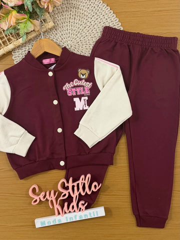 Conjunto Infantil Momi Inverno com Calça e Jaqueta sem Flanela Vinho The Cutest Style
