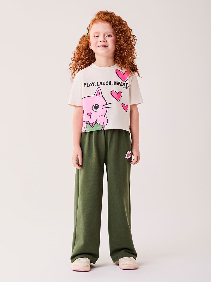 Conjunto Infantil Bimbi Inverno com Calça Verde e Blusa Bege Gatinha