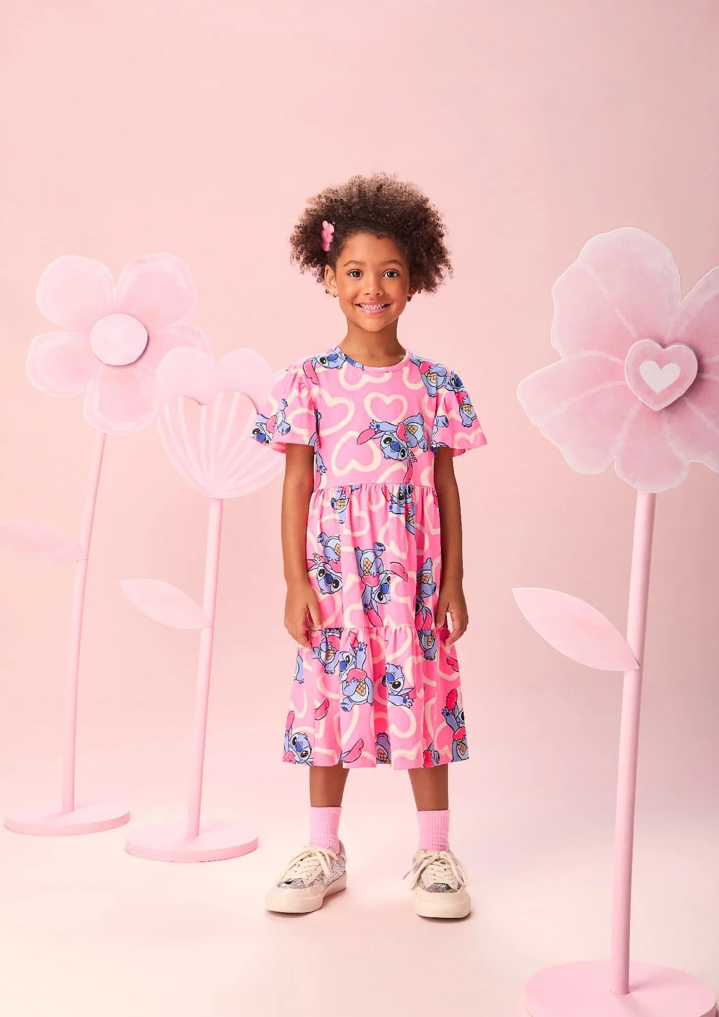 Vestido Infantil Momi Rosa Stitch Sorvetinho Disney