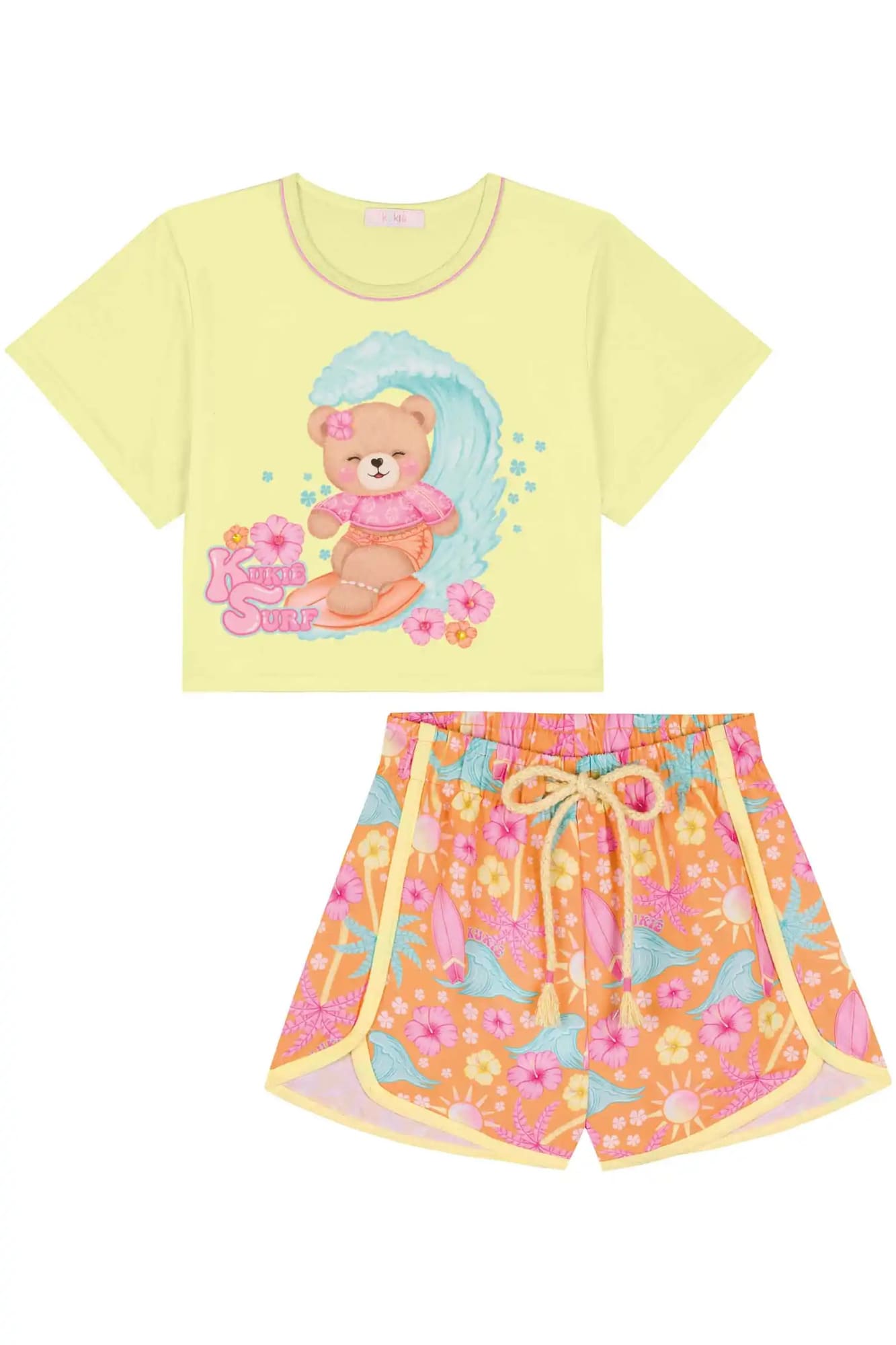 Conjunto Infantil Kukiê Verão com Shorts Laranja e Blusa Amarela Ursinha Surfista