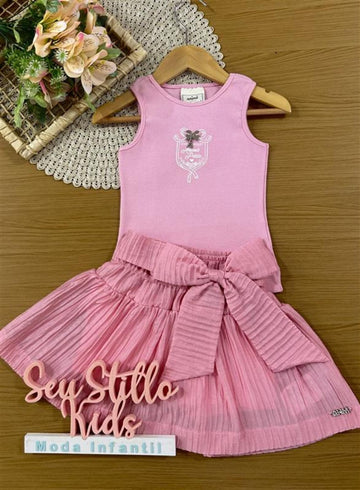Conjunto Infantil Animê Verão Saia com Lacinho e Regata Rosa