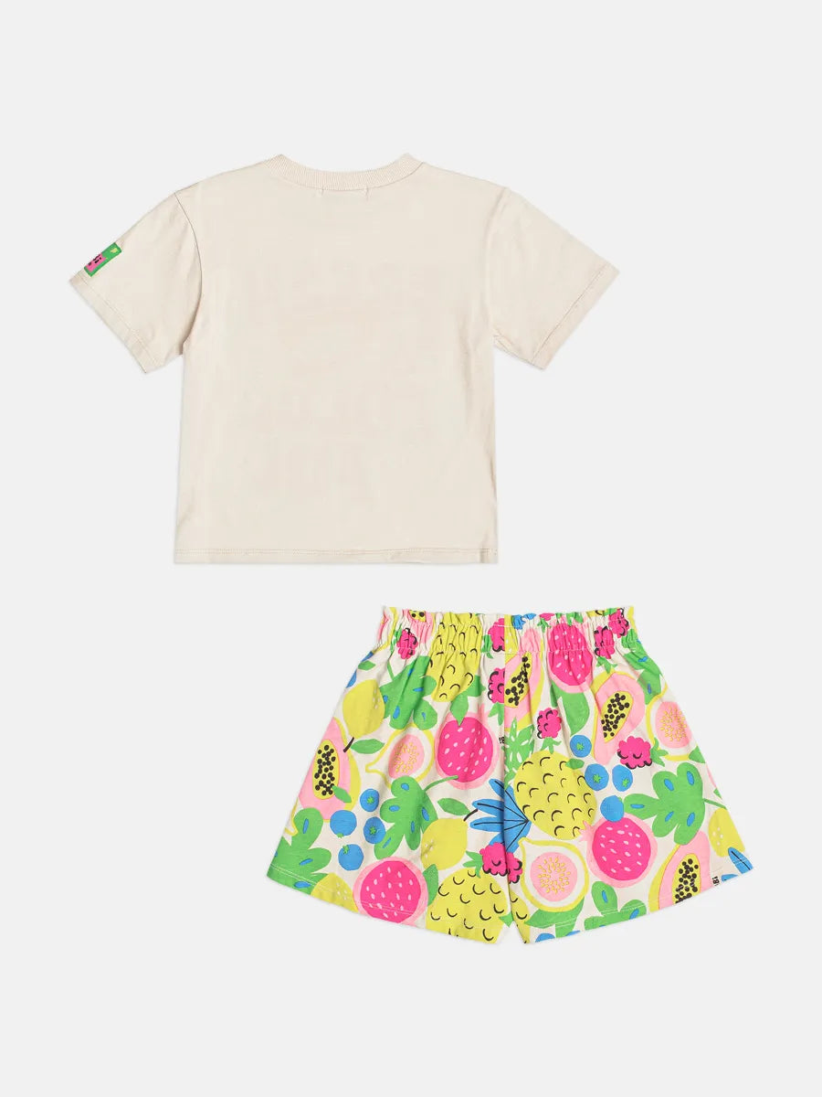 Conjunto Infantil Menina Bimbi Shorts e Blusa Bege Frutinhas