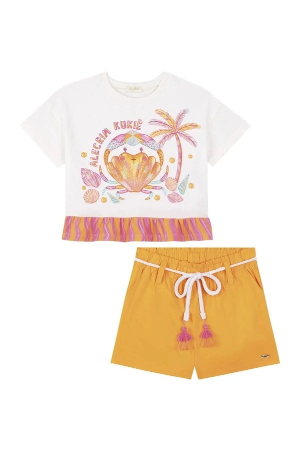 Conjunto Infantil Kukiê Verão com Shorts Laranja e Blusa Branca Siri