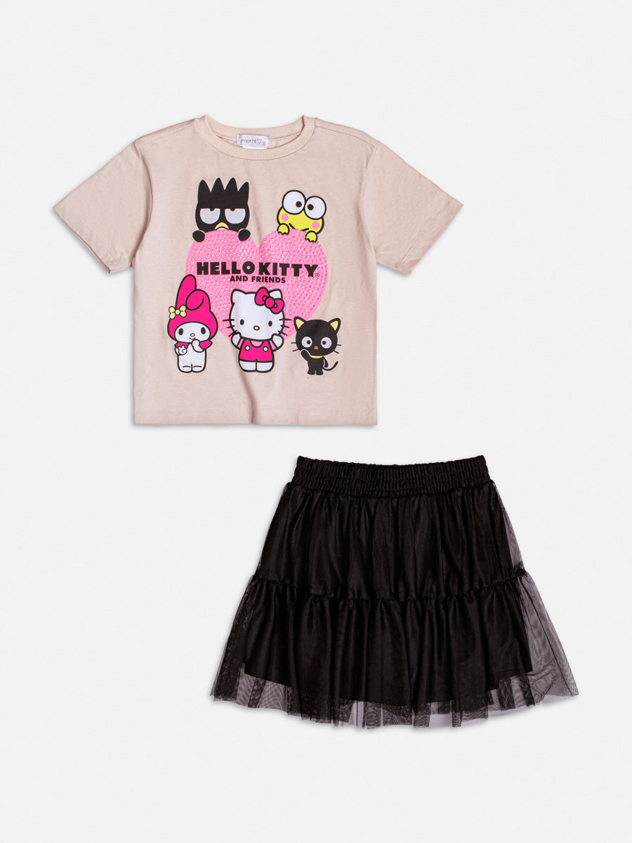Conjunto Infantil Momi com Saia em Tule Preta e Blusa Bege Hello Kitty