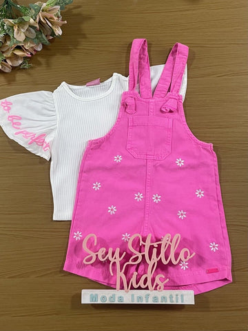 Jardineira Infantil Momi Verão Rosa Floral com Blusa Branca