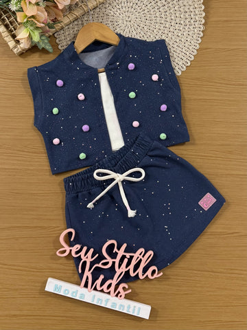 Conjunto Infantil Cinti Verão com Shorts Saia e Cropped com Colete Azul Escuro