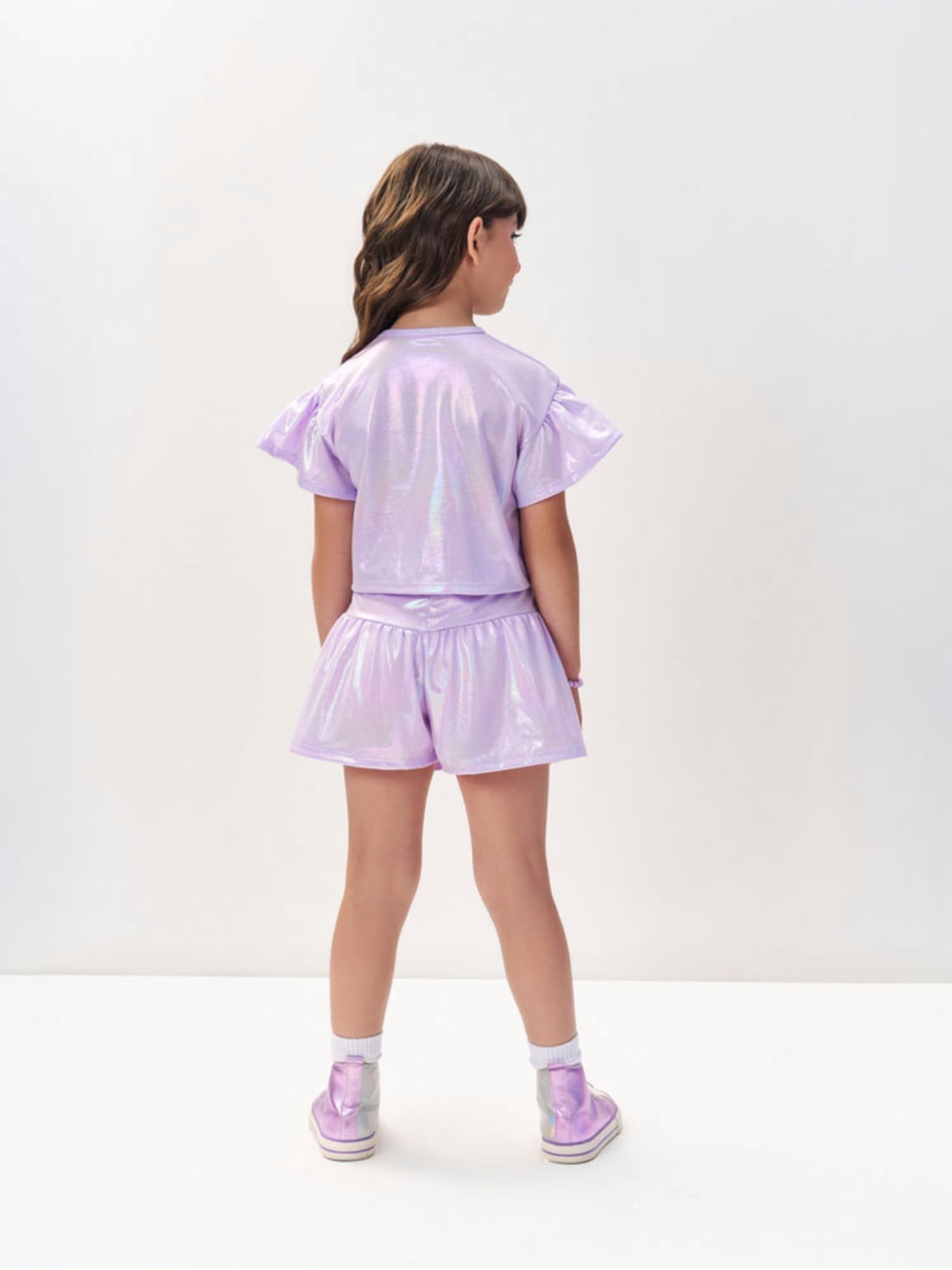 Conjunto Infantil Cinti Verão com Shorts e Blusa Lilás Holográfica