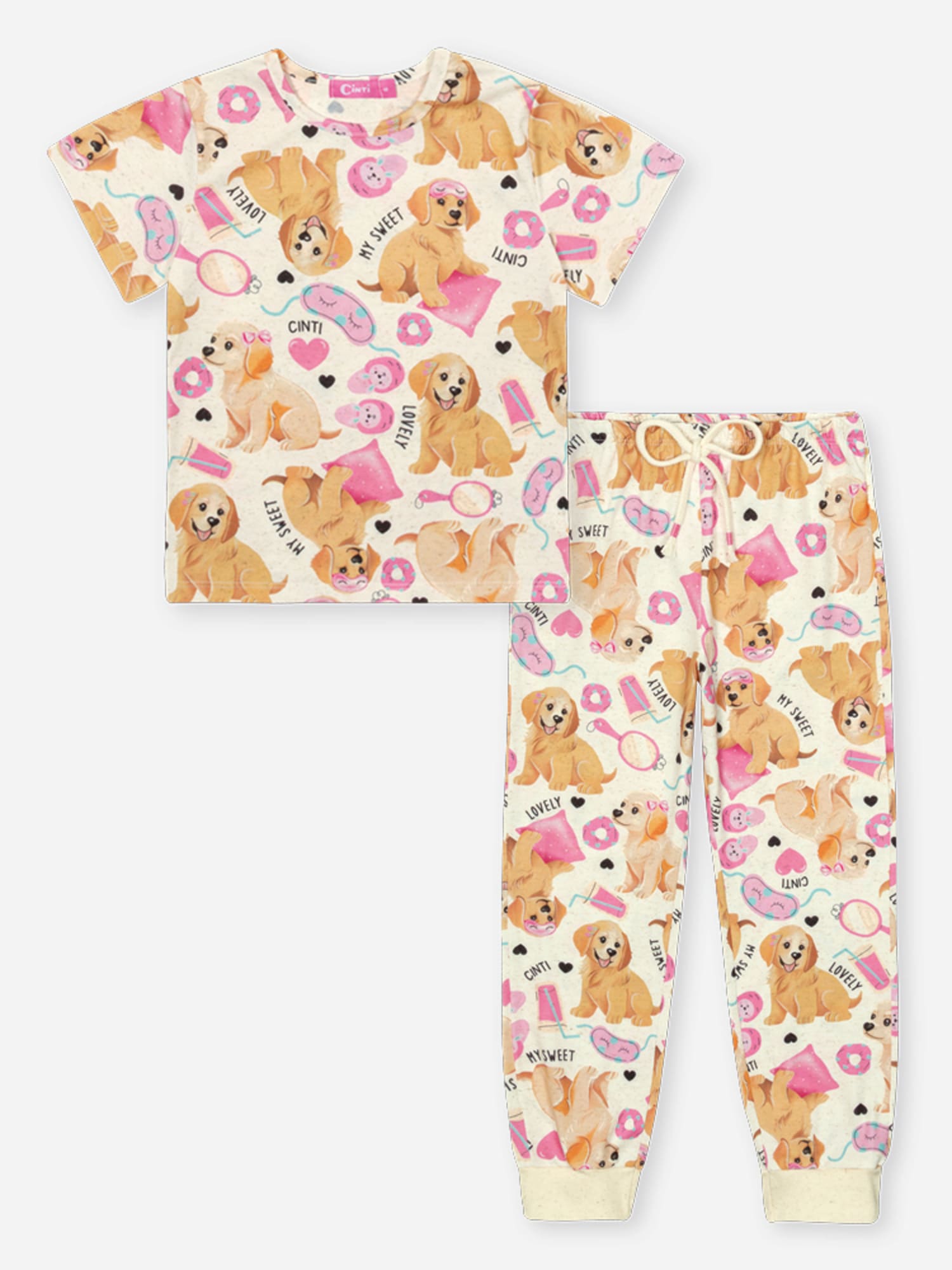 Pijama Infantil Cinti Verão com Calça e Blusa Off White Cachorrinhos