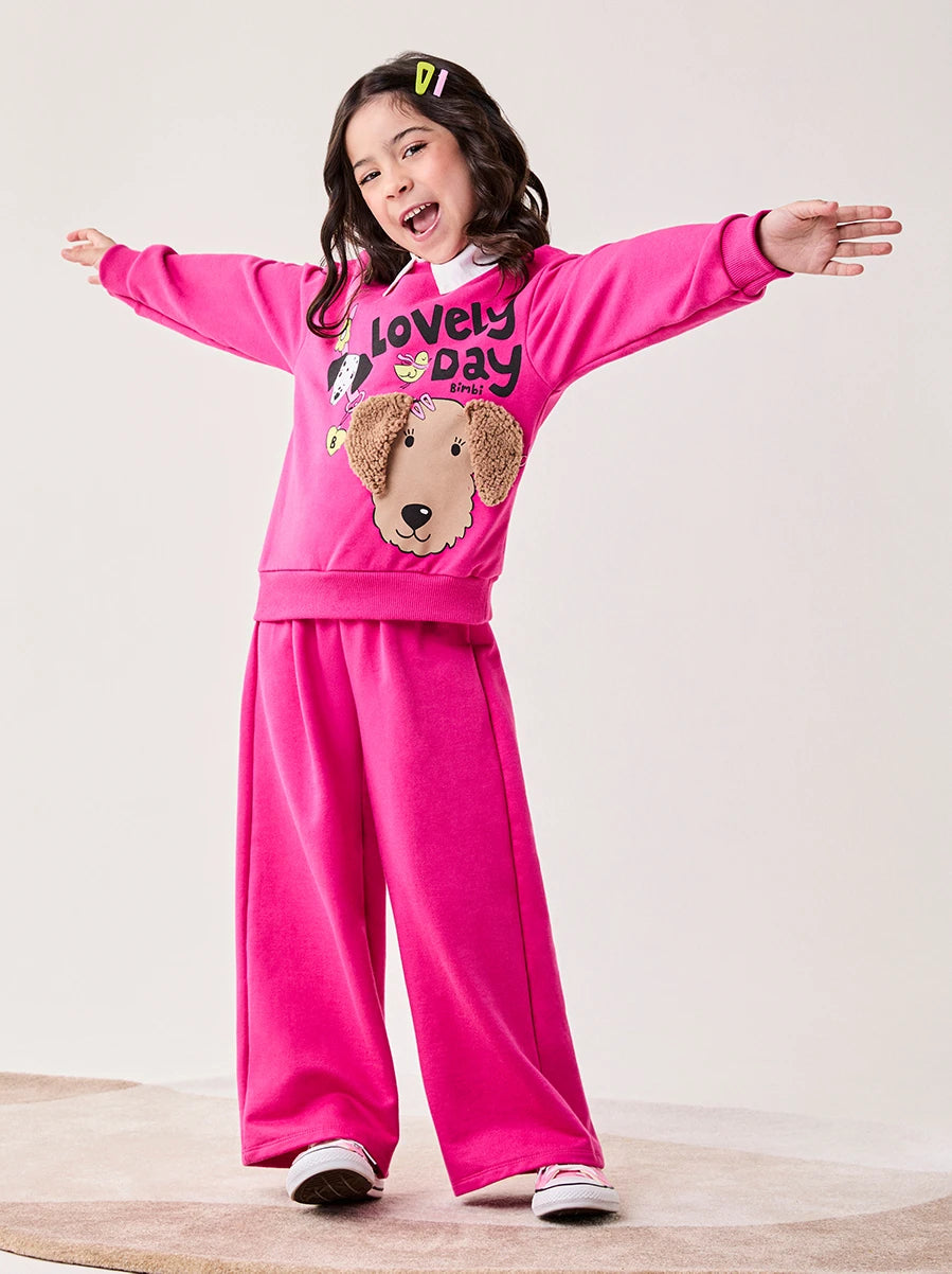 Conjunto Infantil Bimbi Inverno com Calça e Moletom sem Flanela Rosa Cachorro Lovely