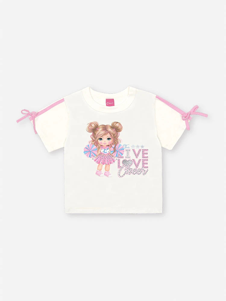 Conjunto Infantil Cinti Verão com Saia Cinza Holografico e Blusa Lider de Torcida Love