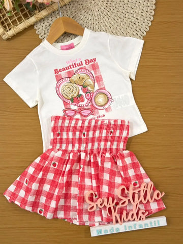 Conjunto Infantil Menina Momi com Saia Vermelha Xadrez e Blusa Branca Picnic Strass