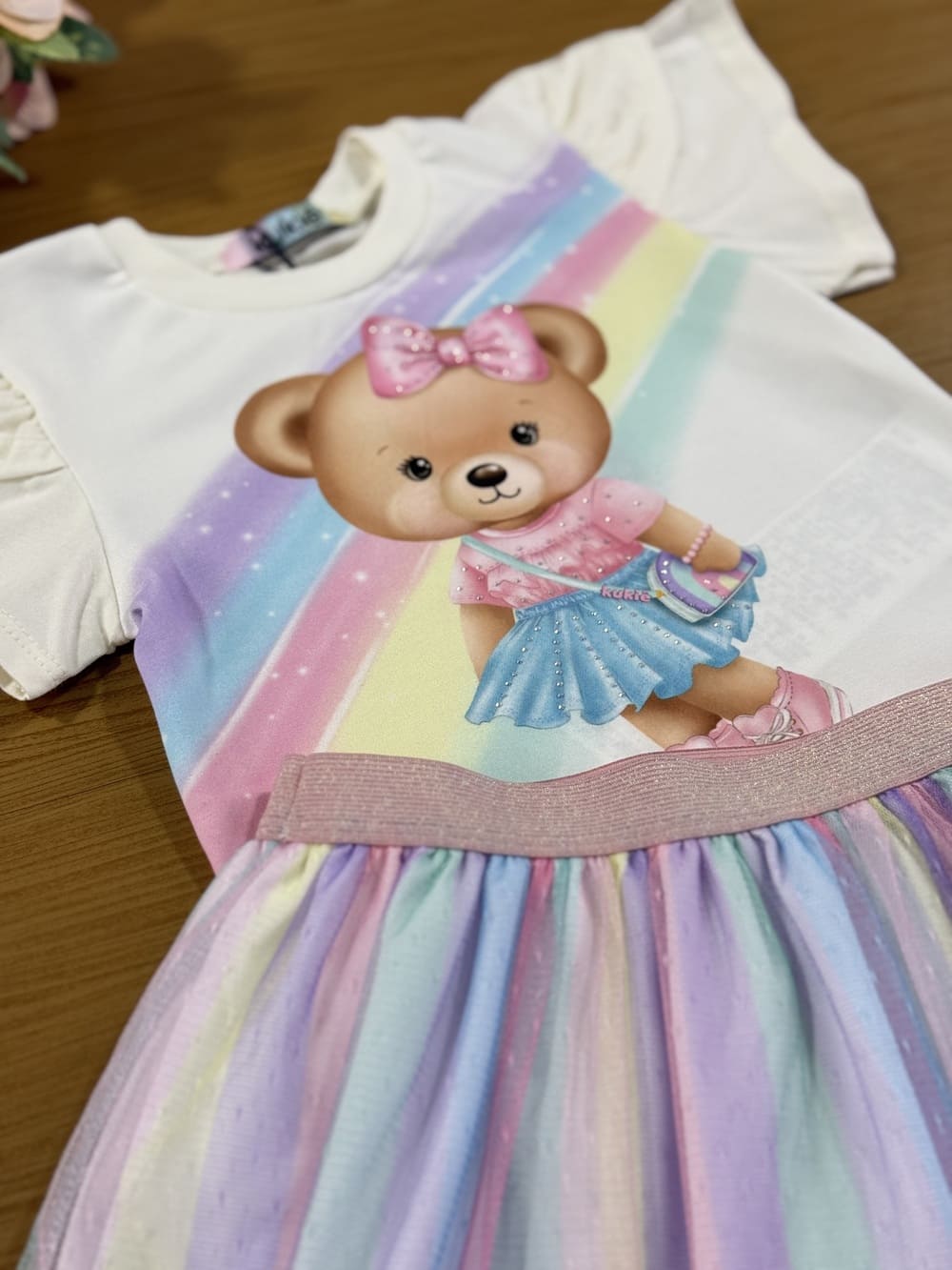 Conjunto Infantil Kukie Verão Saia e Blusa Ursinha com Strass