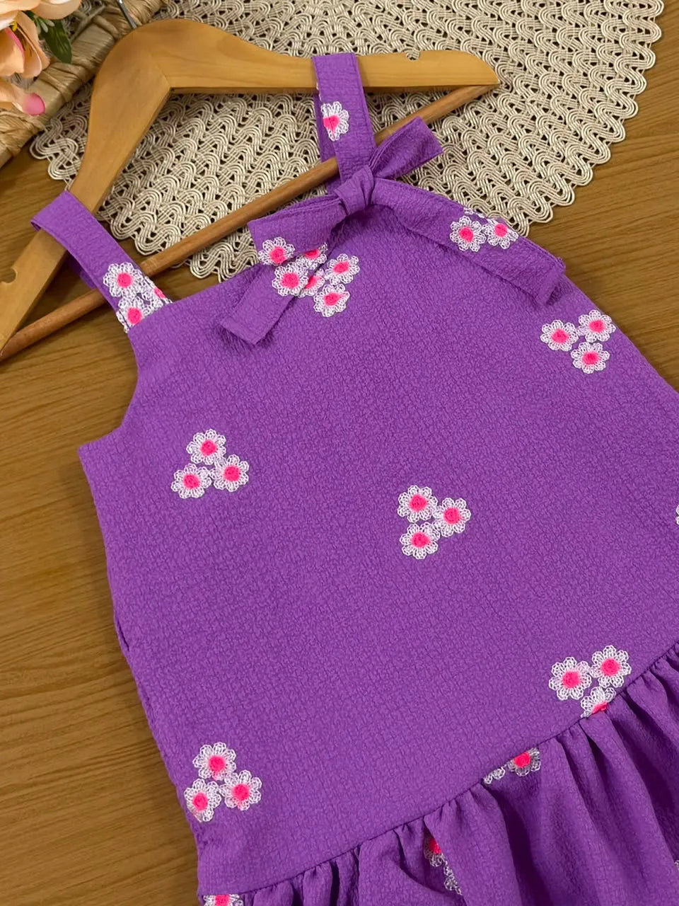 Vestido Infantil Bimbi Roxo Florzinhas Bordadas