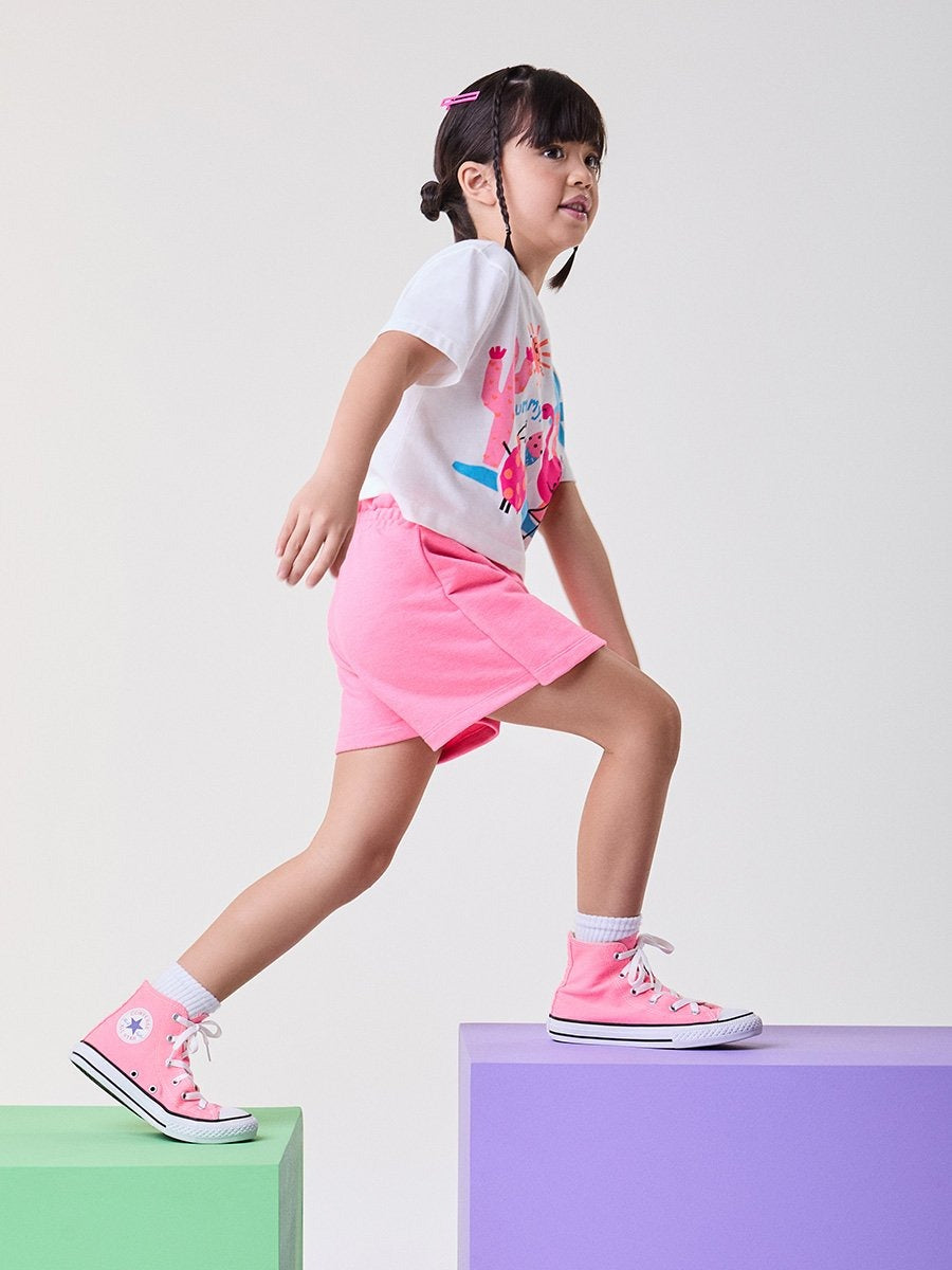 Conjunto Infantil Bimbi Verão com Shorts Saia Rosa e Blusa Branca Flamingo Tropical