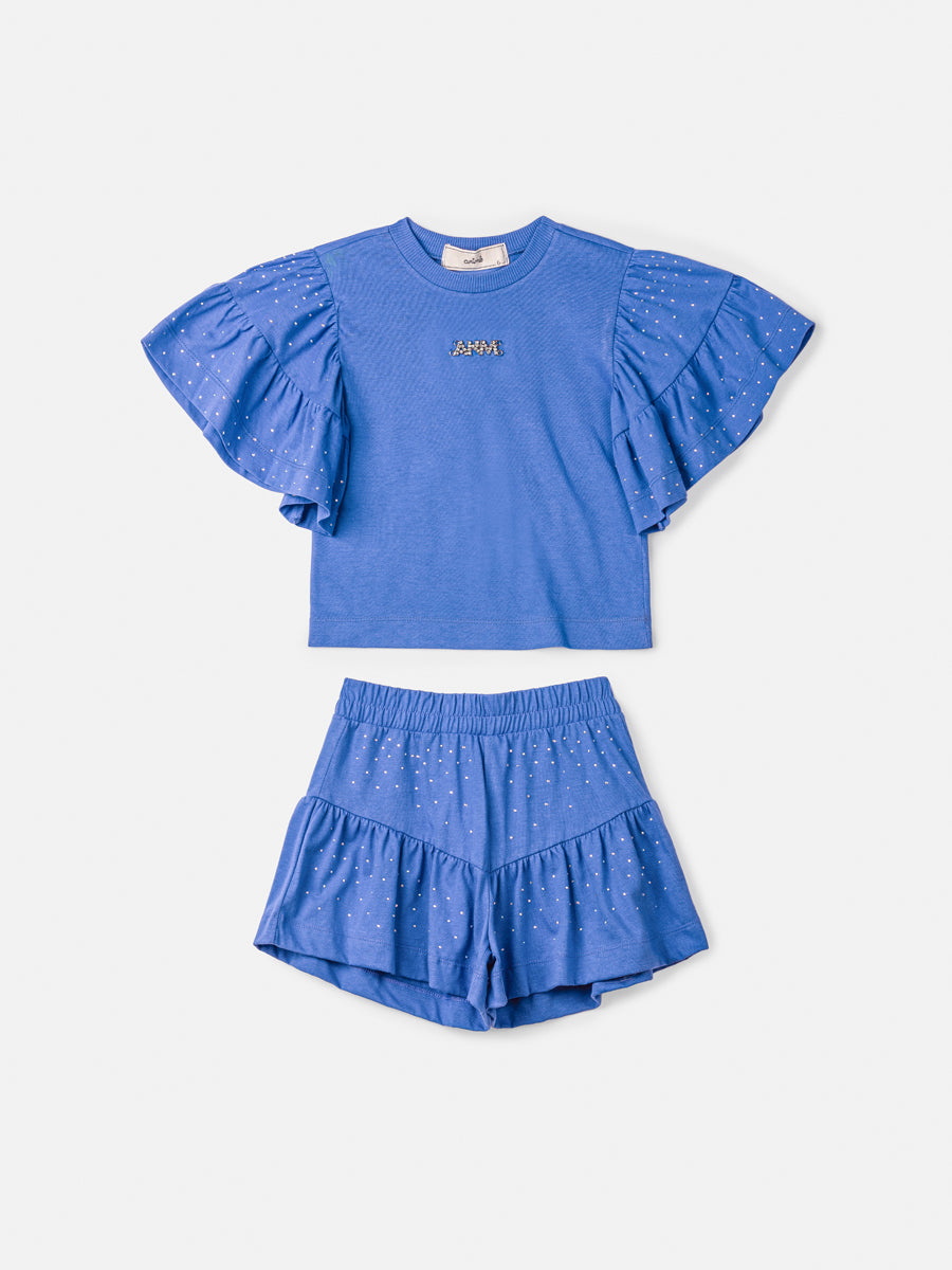 Conjunto Infantil Animê Verão Shorts e Blusa Azul com Strass