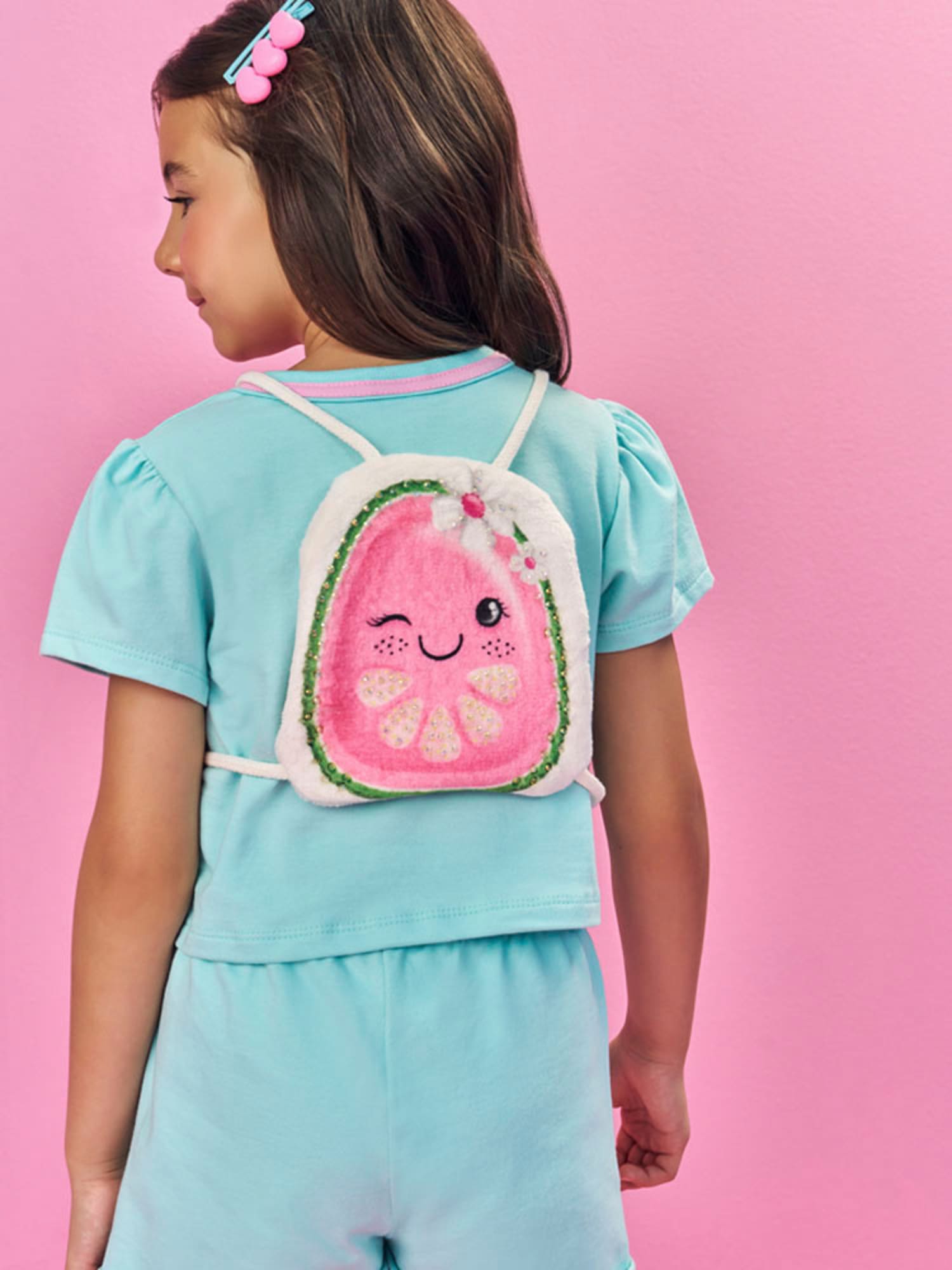 Conjunto Infantil Cinti Verão com Shorts e Blusa Azul Fruits com Bolsinha