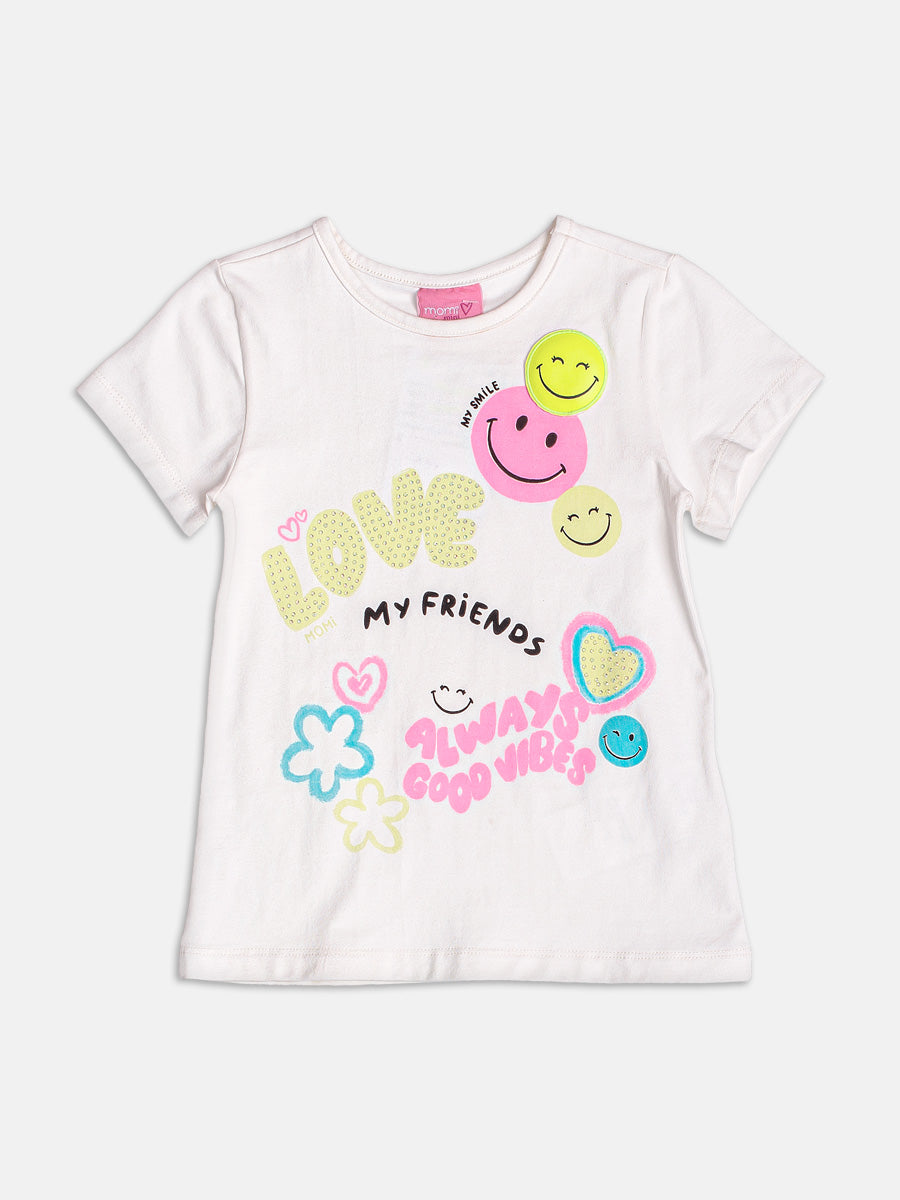 Conjunto Infantil Momi Verão com Legging Amarela e Blusa Branca Emoji My Friends